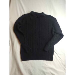 Vintage Landmark Navy Blue Cable Knit Collared Sweater 100% Cotton Size 13